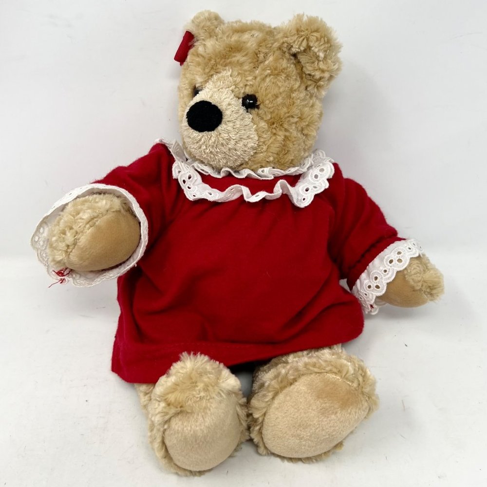 Vintage Ellie Bear Lands End Curly Hair Red Holiday Nightgown Bow Jointed 14"